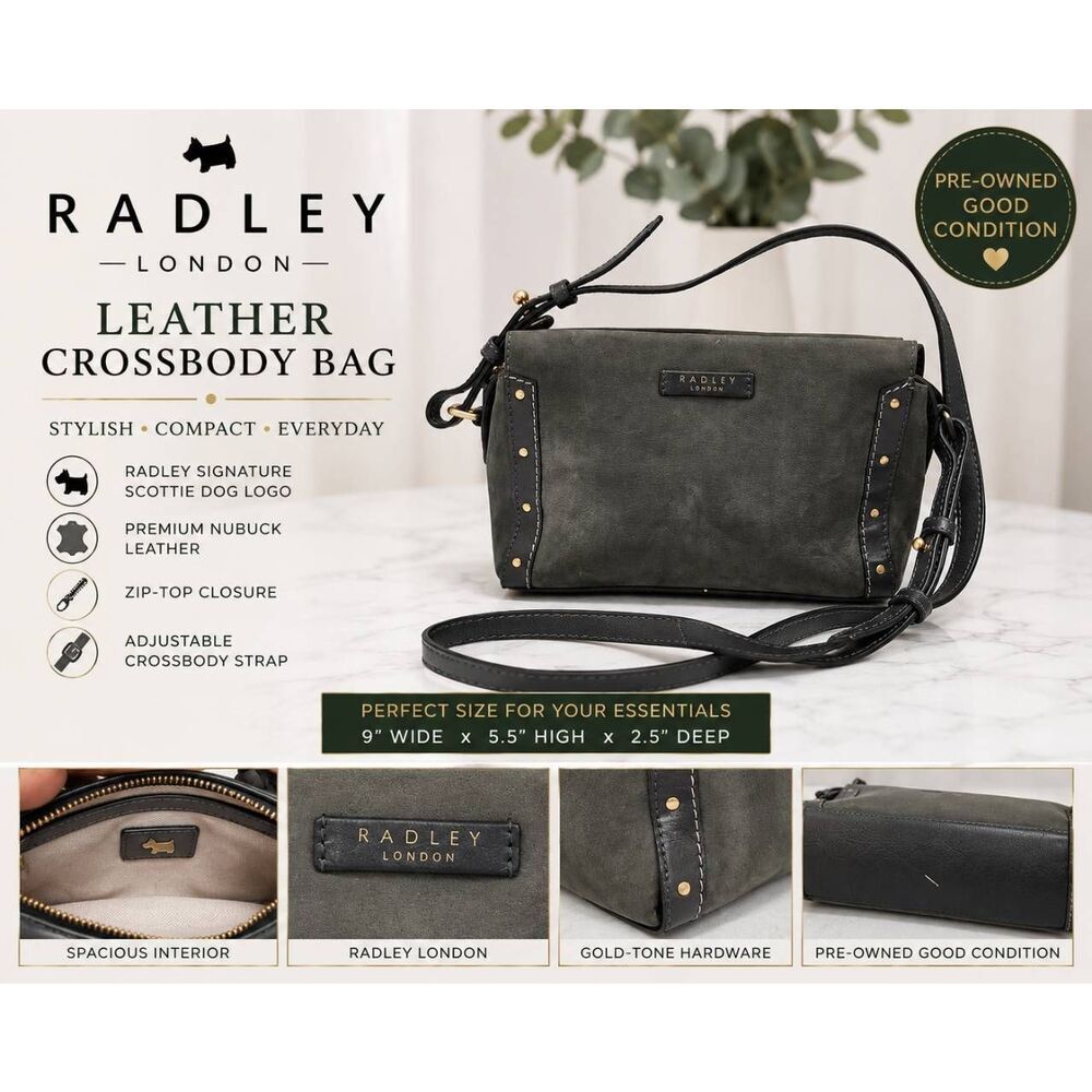 Radley London Leather Crossbody Bag Gray Green Small Shoulder Purse Studded